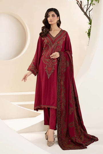 MARIA B-3PC KHADDAR EMBROIDRED SHIRT WITH WOOL PRINT SHAWL AND TROUSER-DPC-3268 B