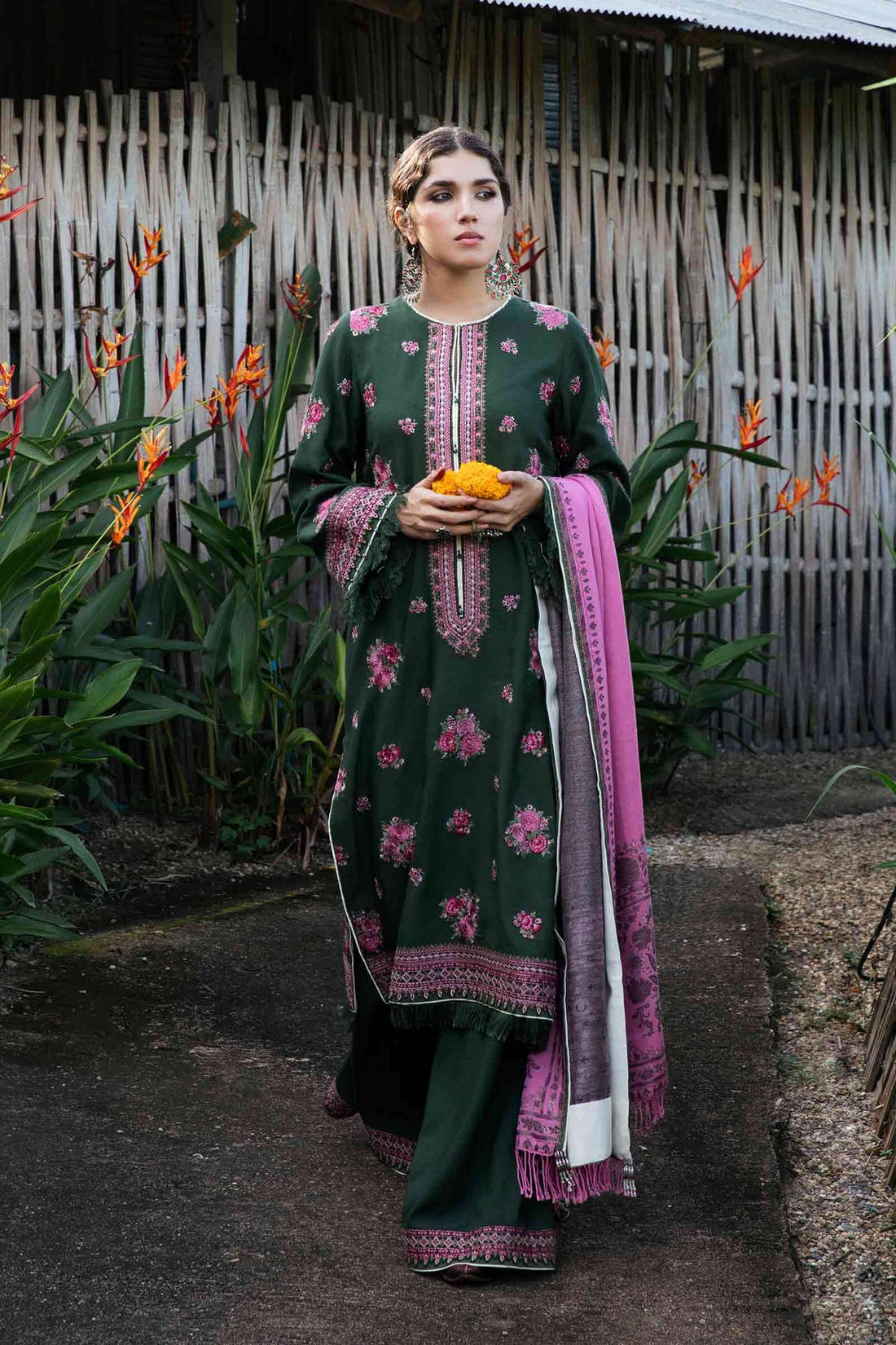 ZARA SHAH JAHAN-3PC KHADDAR EMBROIDERD SHIRT WITH COUTRAI PRINTED SHAWL AND EMB TROUSER-DPC-4144