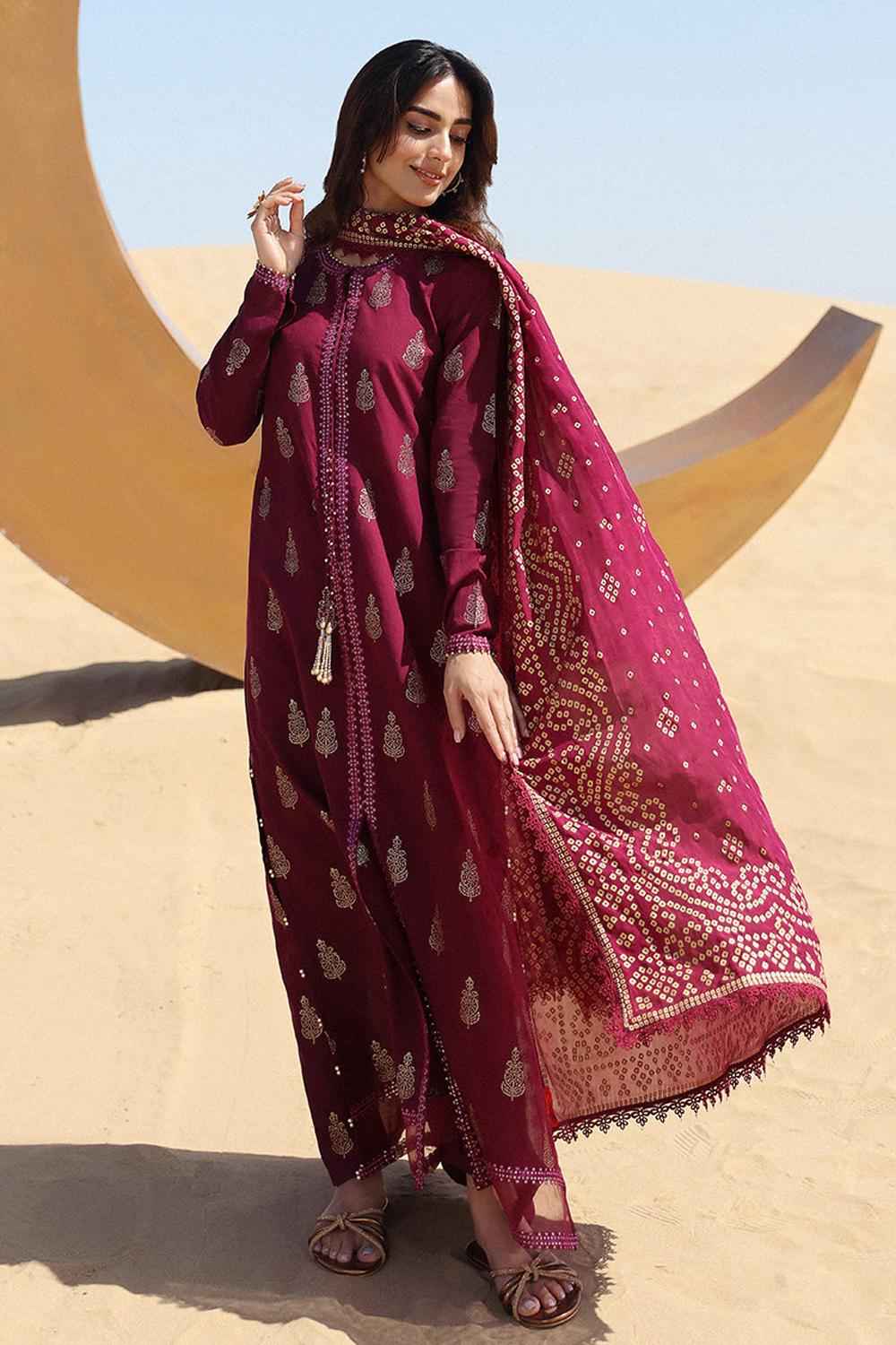 MARIA.B-3PC DHANAK EMBROIDERED SHIRT WITH COUTRAI WOOL PRINTED SHAWL & TROUSER-DPC-4098