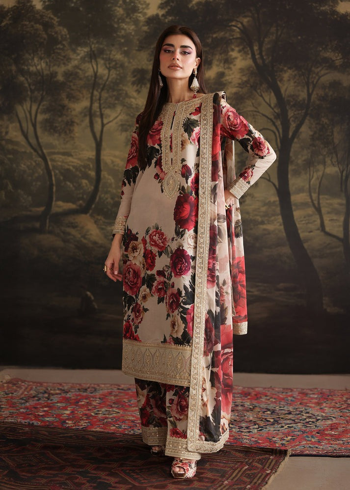 ZAINAB CHOTANI-3PC SHAMOZE SILK PRINTED EMBROIDERED SHIRT WITH SOFT SILK PRINTED EMB DUPATTA & EMB TROUSER DPC-3001
