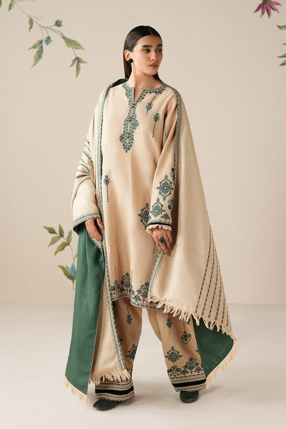 BAROUQE-3PC DHANAK EMBROIDERED SHIRT WITH DHANAK EMBROIDERED SHAWL AND TROUSER -DPC-4980