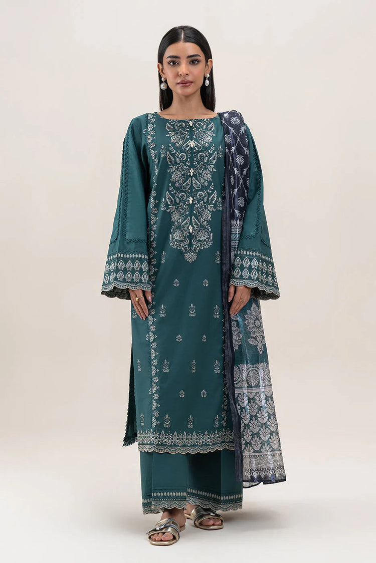 BEECHTREE-3PC DHANAK EMBROIDERED SHIRT WITH COURTRAI PRINTED SHAWL AND EMB TROUSER-DPC-4158