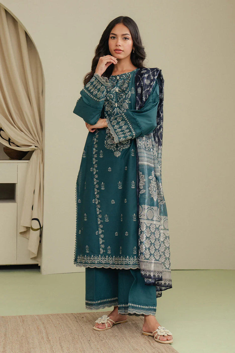 BEECHTREE-3PC DHANAK EMBROIDERED SHIRT WITH COURTRAI PRINTED SHAWL AND EMB TROUSER-DPC-4158