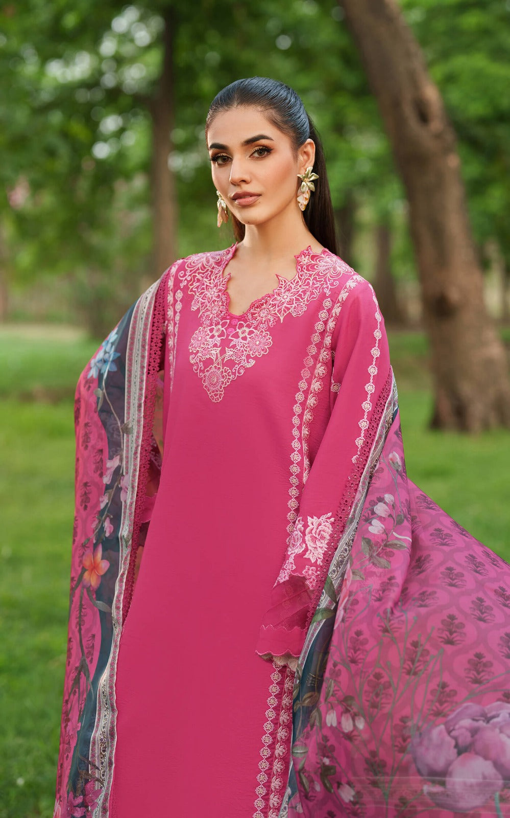 ASIFA NABEEL- 3PC DHANAK EMBROIDERED SHIRT WITH COURTRAI PRINT SHAWL AND EMB TROUSER-DPC-137