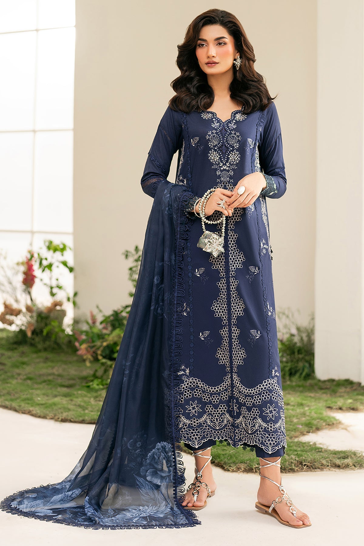 IZNIK-3PC DHANAK CHIKAN EMBROIDERED SHIRT WITH COURTRAI PRINTED SHAWL AND EMB TROUSER-DPC-4132