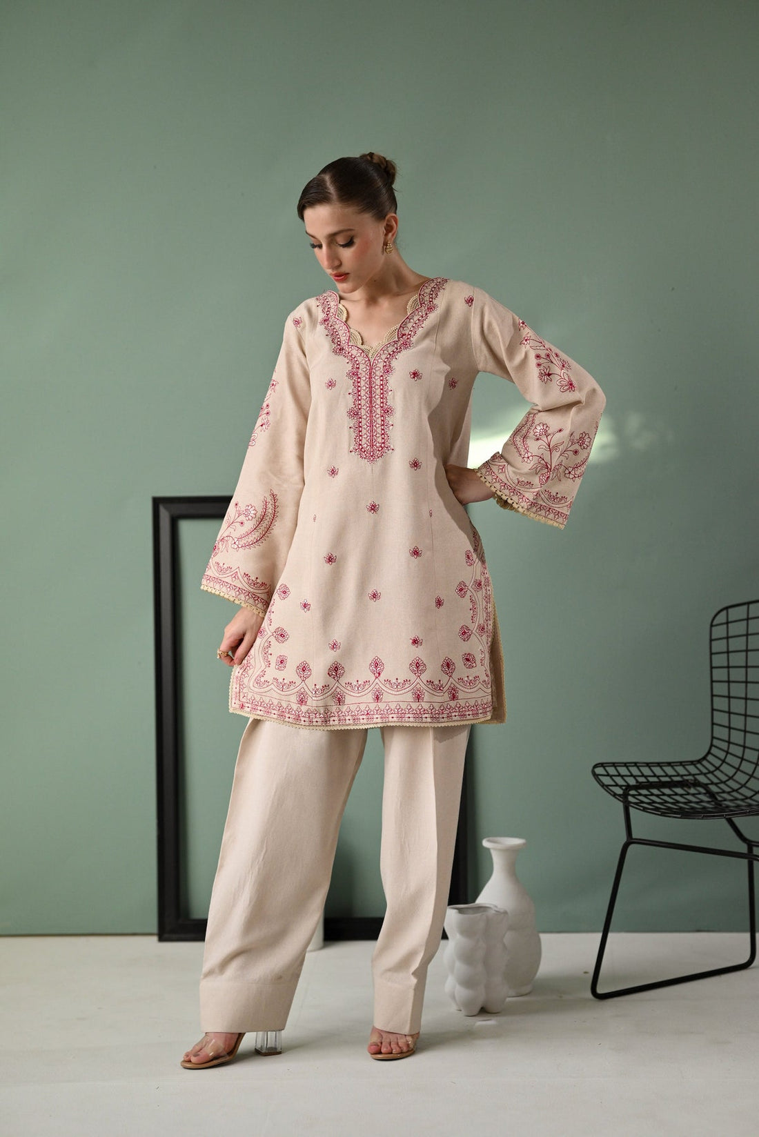 ZAIB-3PC DHANAK EMBROIDERED SHIRT WITH DHANAK EMBROIDERED SHAWL AND TROUSER-DPC-4352