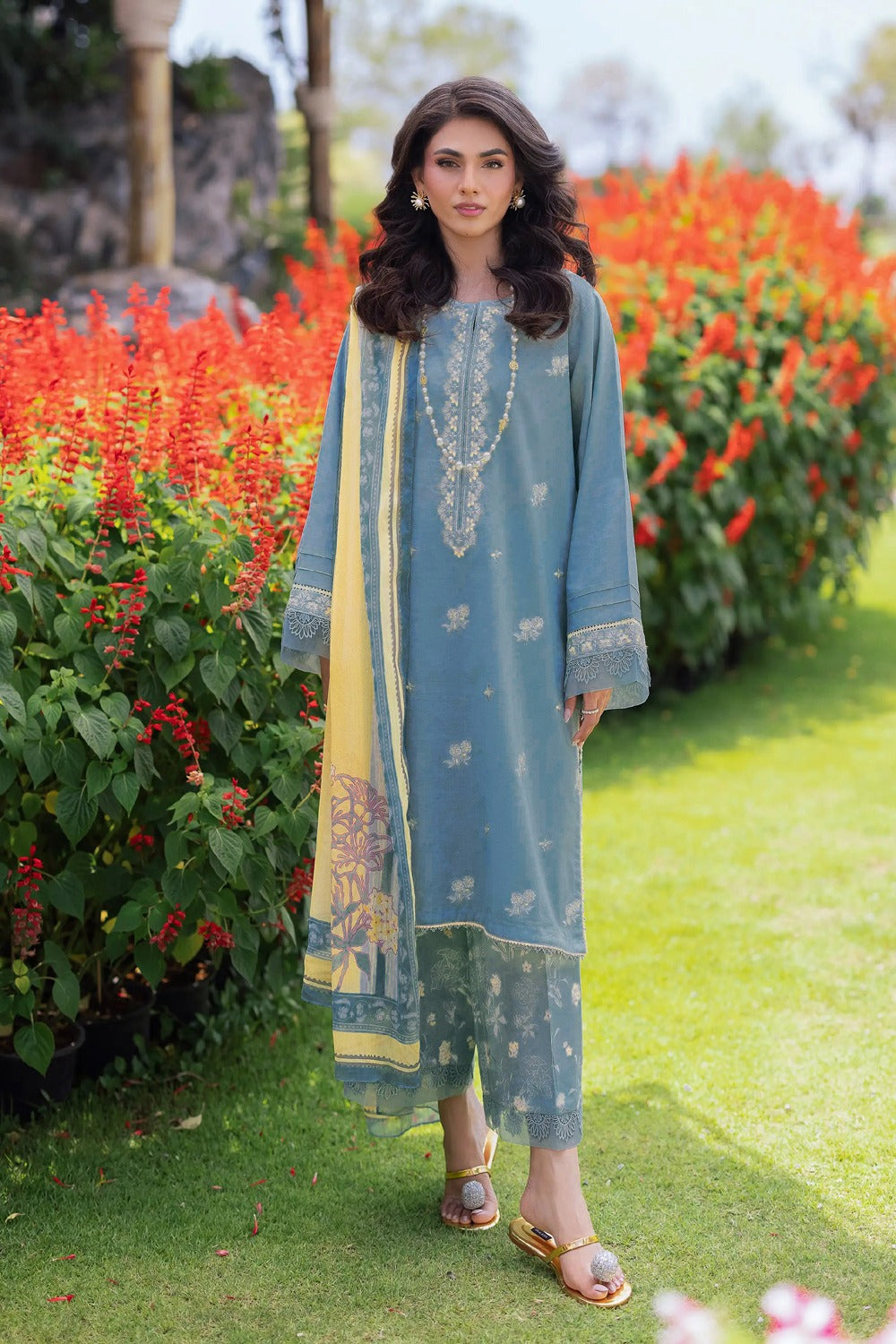 EDENROBE-3PC DHANAK EMBROIDERED SHIRT WITH PRINTED WOOL SHAWL AND TROUSER-DPC-37