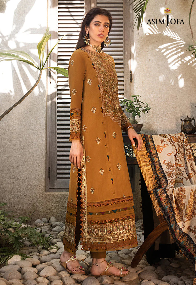 ASIM JOFA-3PC DHANAK EMBROIDERED SHIRT WITH COURTRAI PRINTED SHAWL & TROUSR-DPC-4135