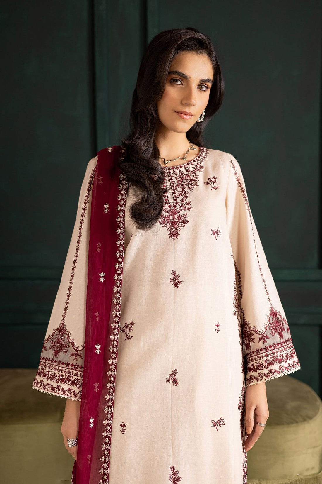 BATIK-3PC DHANAK EMBROIDERED SHIRT WITH DHANAK CHIFFON EMBROIDERED DUPATTA AND EMB TROUSER-DPC-4348