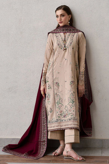 ZAIB-3PC DHANAK EMBROIDERED SHIRT WITH DHANAK EMBROIDERED SHAWL AND TROUSER-DPC-4345
