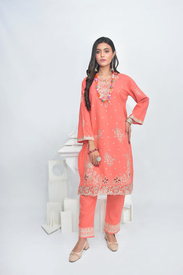BATIK-2PC DHANAK EMBROIDRED SHIRT WITH DHANAK EMBROIDRED SLEEVES-DPC-143