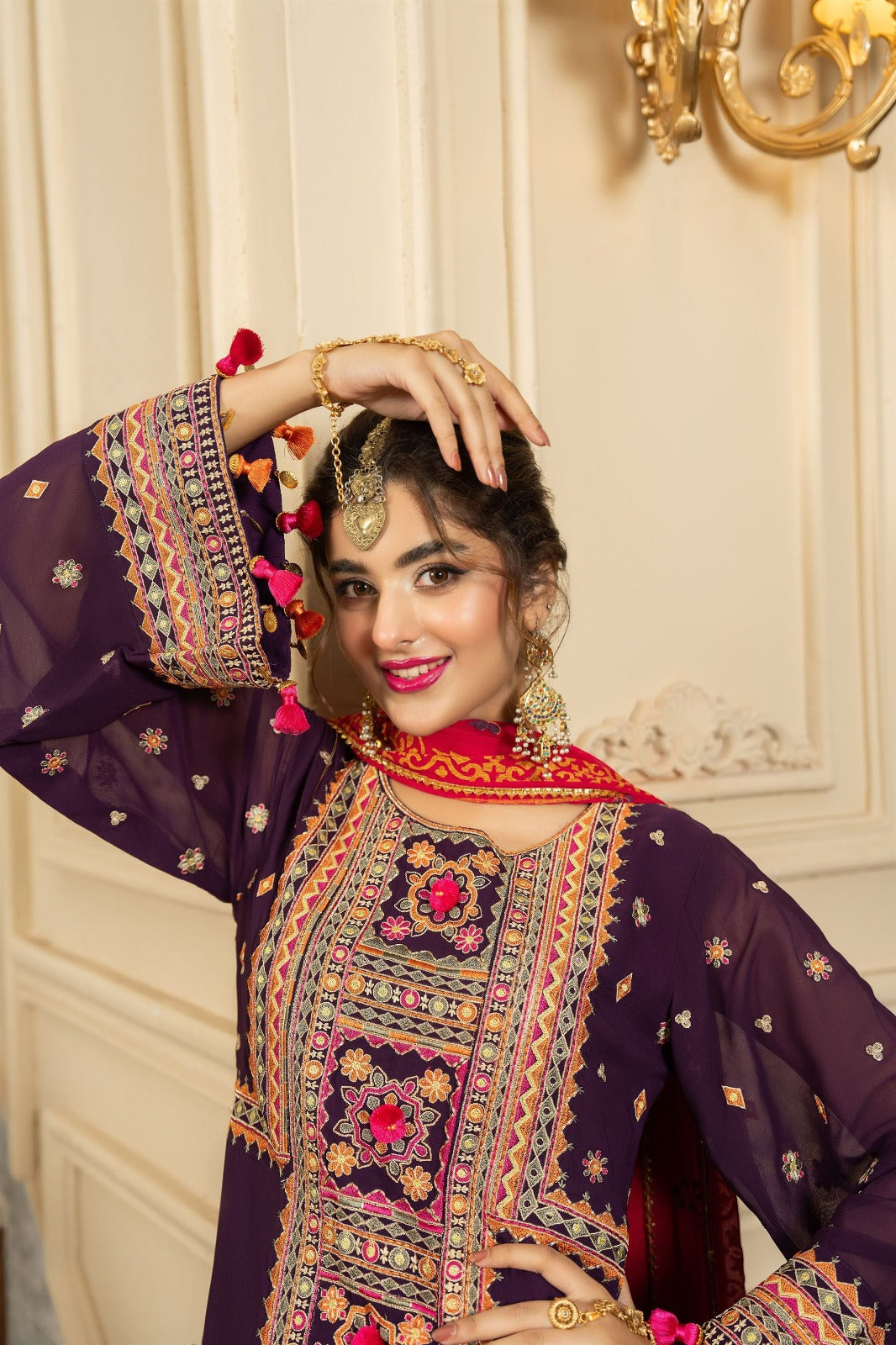 KARMA-3PC DHANAK EMBROIDERED SHIRT WITH COURTRAI PRINTED SHAWL AND EMB TROUSER-DPC-139