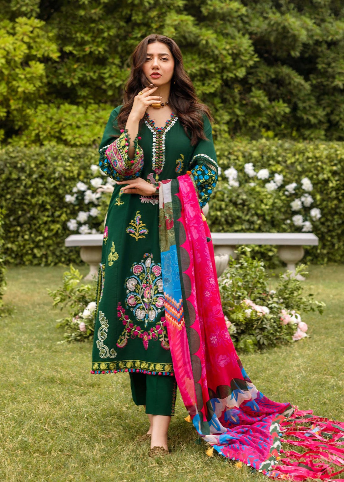 MARIA.B-3PC DHANAK EMBROIDERED SHIRT WITH DHANAK EMBROIDERED SHAWL AND TROUSER DPC-102