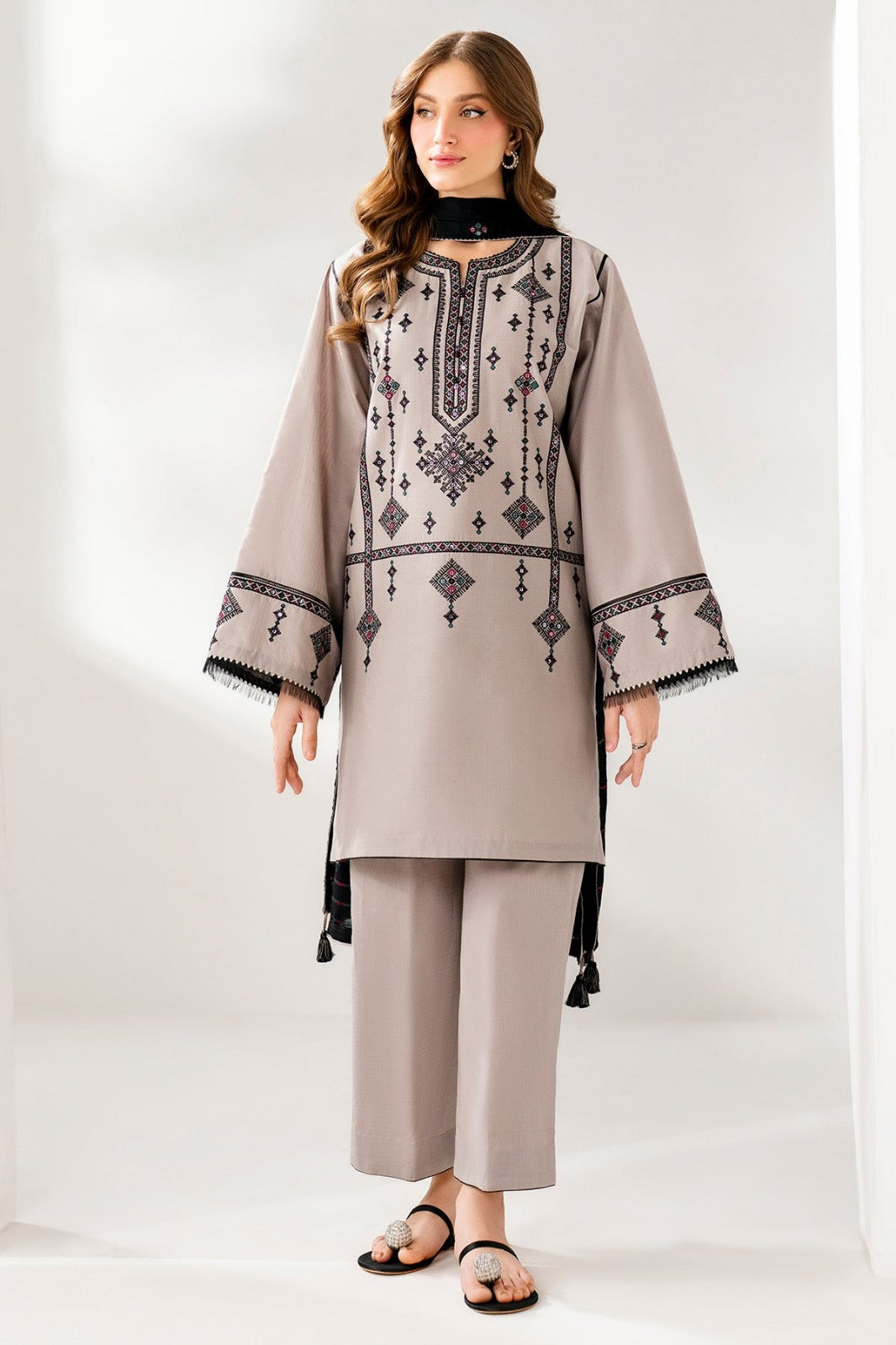 JAZMIN-3PC DHANAK EMBROIDERED SHIRT WITH DHANAK EMBROIDERED SHAWL AND TROUSER DPC-94