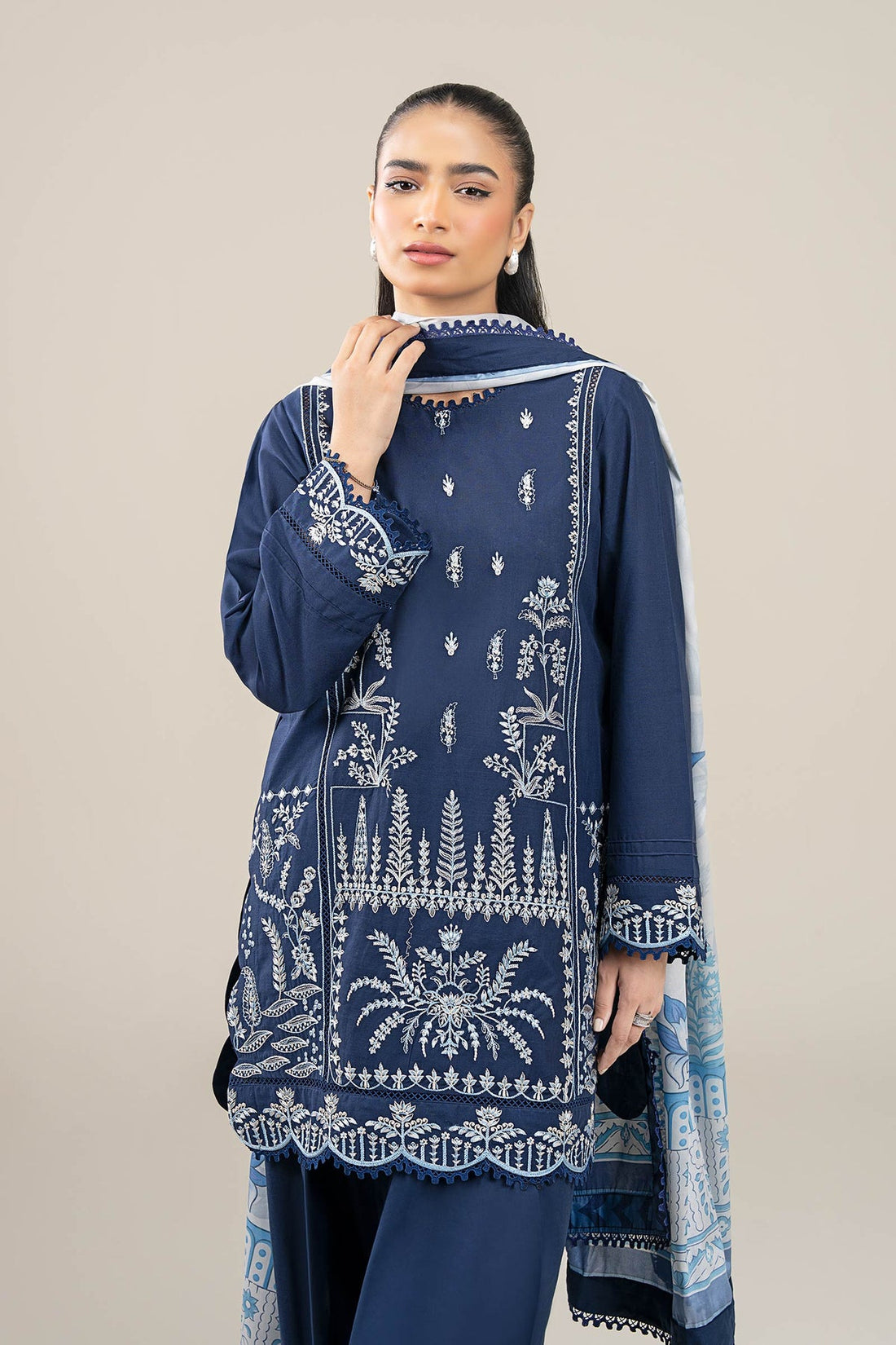 MARIA B-3PC DHANAK EMBROIDERED SHIRT WITH COUTRAI WOOL PRINTED SHAWL AND TROUSER-DPC-4176