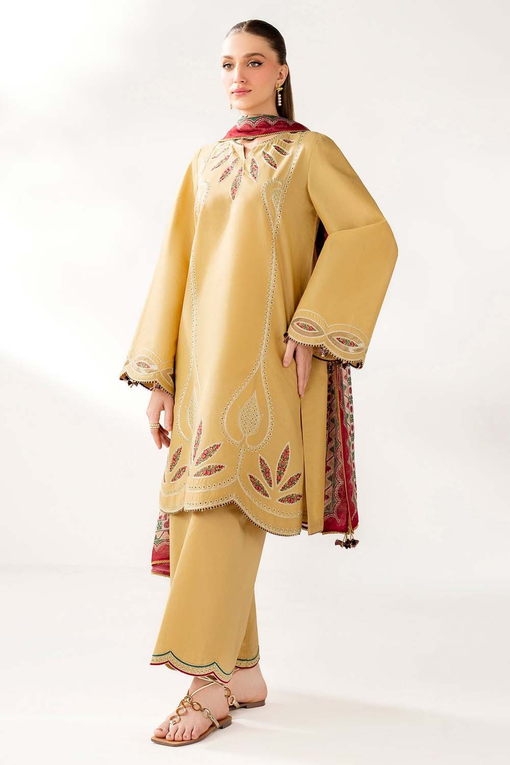 JAZMIN-3PC DHANAK EMBROIDERED SHIRT WITH DHANAK PRINTED SHAWL & TROUSER-DPC-34
