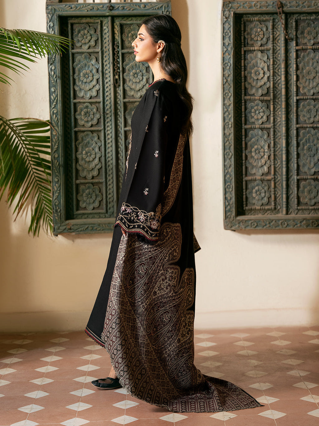 IZEL-3PC DHANAK EMBROIDERED SHIRT WITH COURTRAI PRINTED SHAWL & TROUSER-DPC-4389