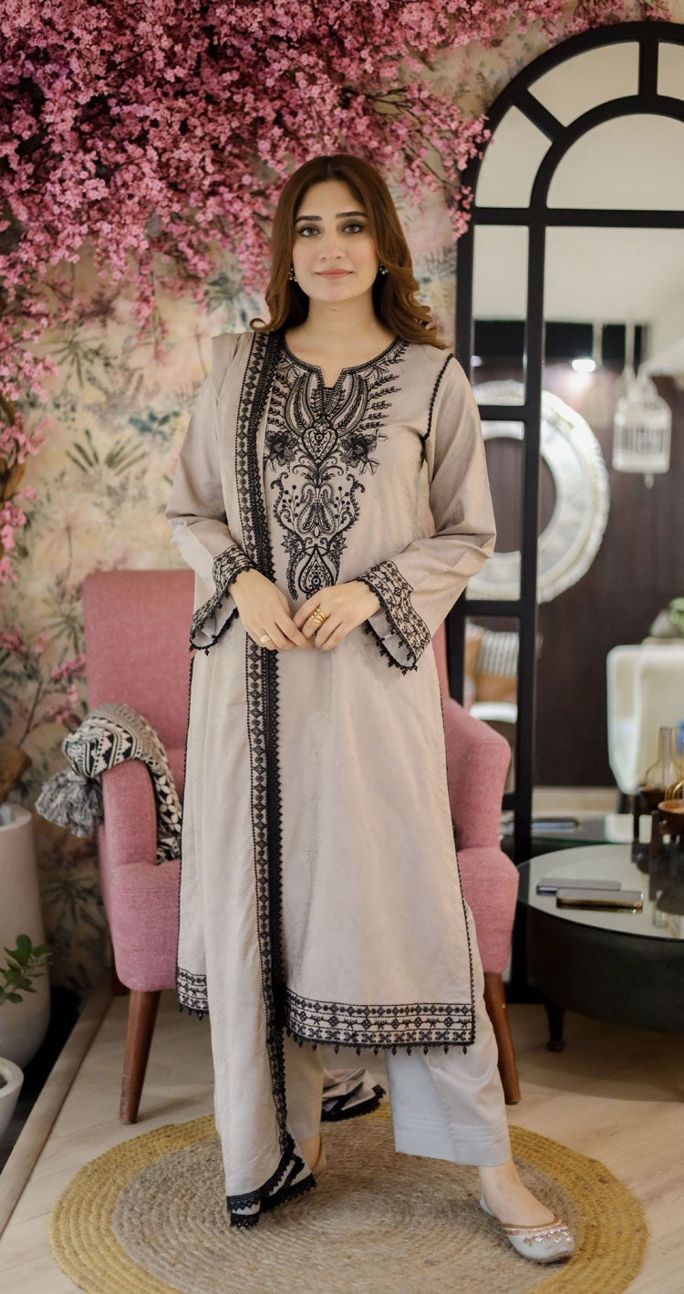 LIBAAS-3PC DHANAK EMBROIDERED SHIRT WITH DHANAK EMBROIDERED SHAWL & EMB TROUSER-DPC-150