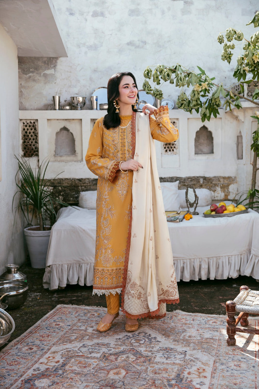 FLORENT-3PC DHANAK EMBROIDERED SHIRT WITH DHANAK EMBROIDERED SHAWL AND TROUSER DPC-117