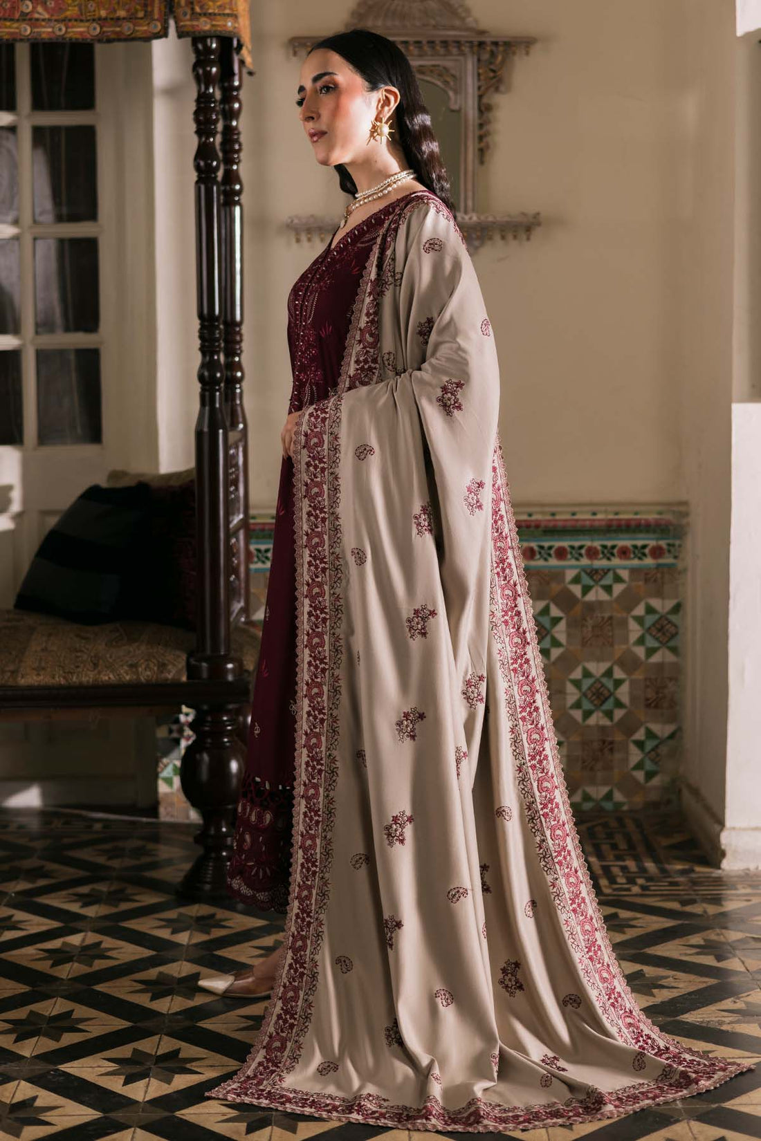 NUREH-3PC DHANAK EMBROIDERED SHIRT WITH DHANAK EMBROIDERED SHAWL AND TROUSER-DPC-4375