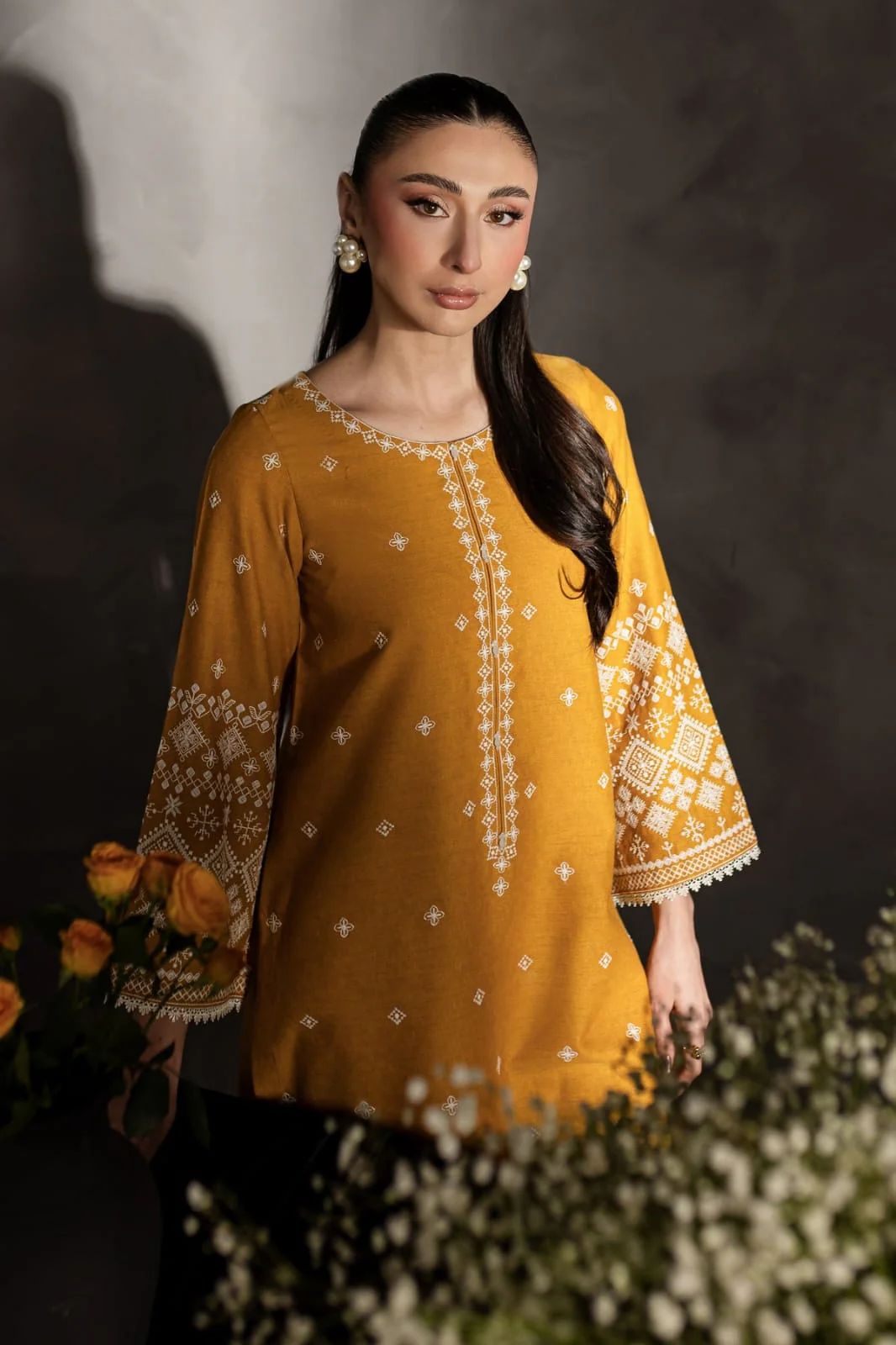 LULUSAR-2PC DHANAK EMBROIDRED SHIRT WITH DHANAK EMBROIDRED SLEEVES-DPC-2005