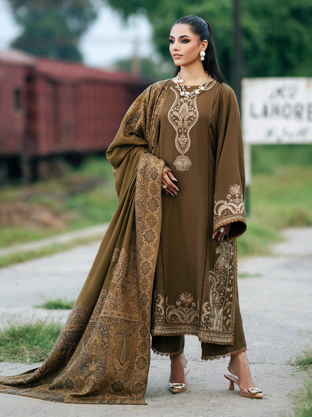 IZEL-3PC DHANAK EMBROIDERED SHIRT WITH COURTRAI PRINTED SHAWL & TROUSER-DPC-105