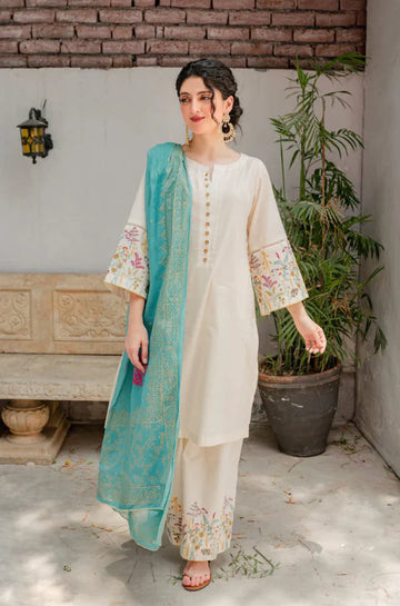 AISLING - 3PC DHANAK EMBROIDERED SHIRT WITH COUTURE WOOL PRINT SHAWL AND EMB TROUSER-DPC-3116