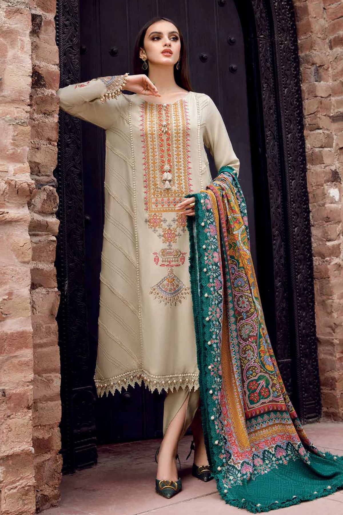 MARIA.B-3PC DHANAK EMBROIDERED SHIRT WITH COUTRAI PRINTED SHAWL AND TROUSER-DPC-4030