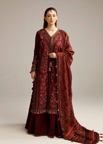 HUSSAIN REHAR-3PC DHANAK EMBROIDRED SHIRT WITH COURTURAI PRINTED SHAWL AND TROUSER-DPC-146