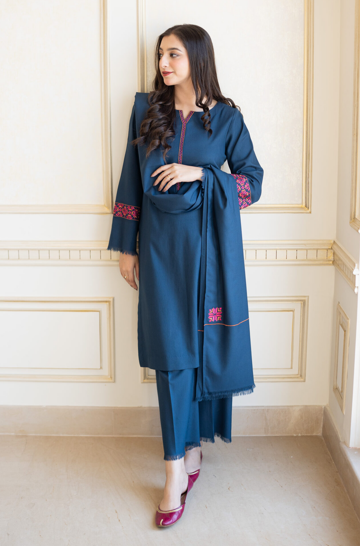 AISLING-3PC DHANAK EMBROIDERED SHIRT WITH DHANAK EMBROIDERED SHAWL & TROUSER -DPC-3132