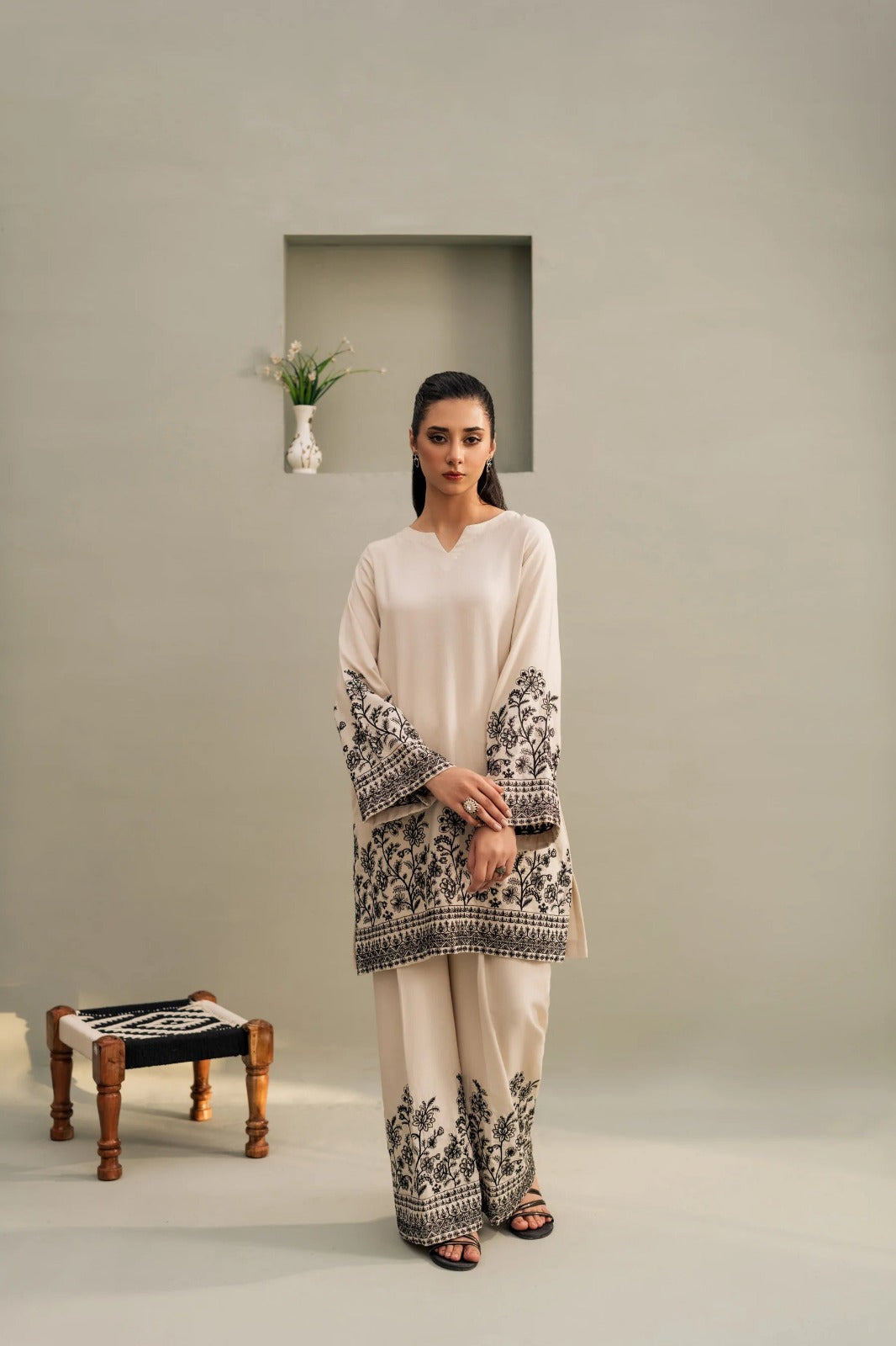 VINTAGE-3PC DHANAK EMBROIDERED SHIRT WITH DHANAK EMBROIDERED SHAWL & EMB TROUSER-DPC-4241