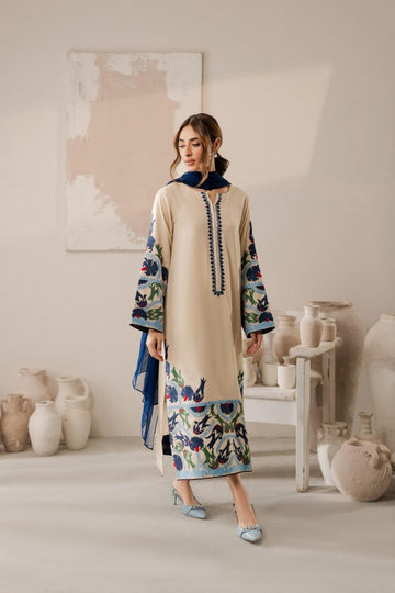 SAPPHIRE-3PC DHANAK EMBROIDERED SHIRT WITH COURTRAI PRINTED SHAWL AND TROUSER-DPC-181