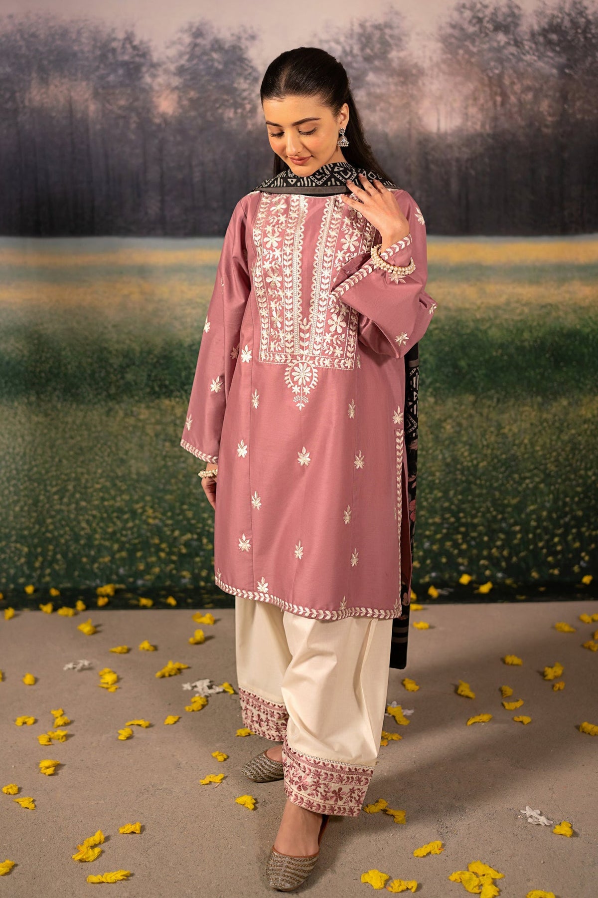 URGE-3PC DHANAK EMBROIDERED SHIRT WITH COUTRAI WOOL PRINTED SHAWL AND EMB TROUSER-DPC-4086