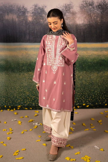 URGE-3PC DHANAK EMBROIDERED SHIRT WITH COUTRAI WOOL PRINTED SHAWL AND EMB TROUSER-DPC-4086