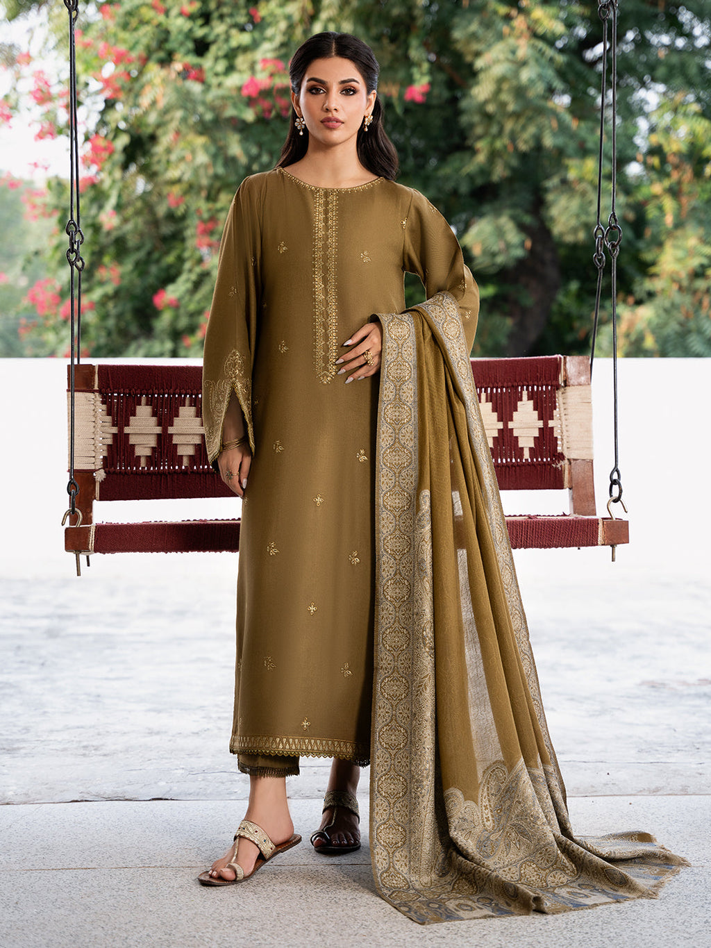 IZEL-3PC DHANAK EMBROIDERED SHIRT WITH COURTRAI PRINTED SHAWL & TROUSER-DPC-4376