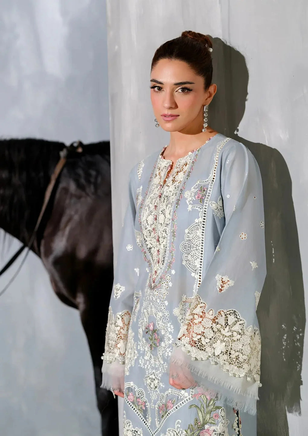 ELAF- 3PC CHIKANKARI LAWN EMBROIDERED SHIRT WITH CHIFFON PRINTED DUPATTA AND TROUSER-DPC-3788
