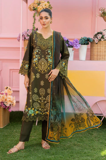 MIRAKHI - 3PC LAWN EMBROIDERED SHIRT WITH CHIFFON PRINTED DUPATTA AND TROUSER -DPC-3807
