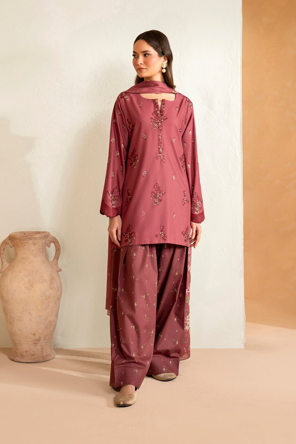 IZNIK-3PC DHANAK EMBROIDERED SHIRT WITH COURTRAI PRINTED SHAWL AND EMB TROUSER-DPC-136