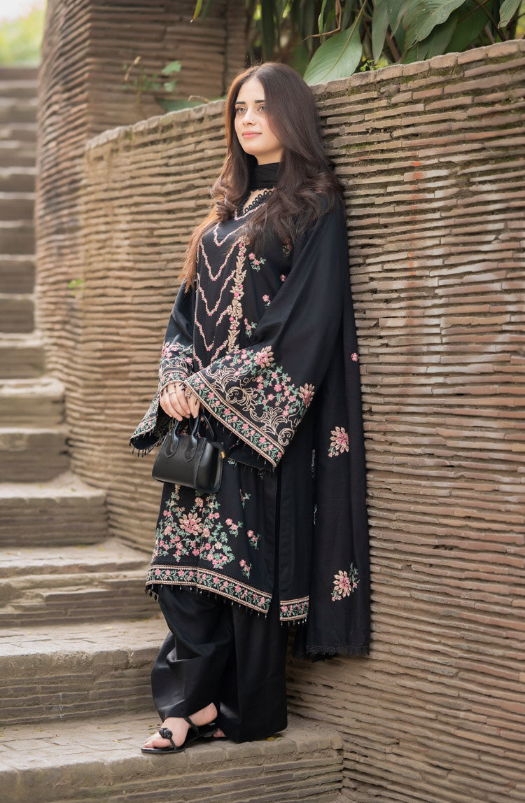 LIBAAS-3PC DHANAK EMBROIDERED SHIRT WITH DHANAK EMBROIDERED SHAWL & TROUSER-DPC-4346