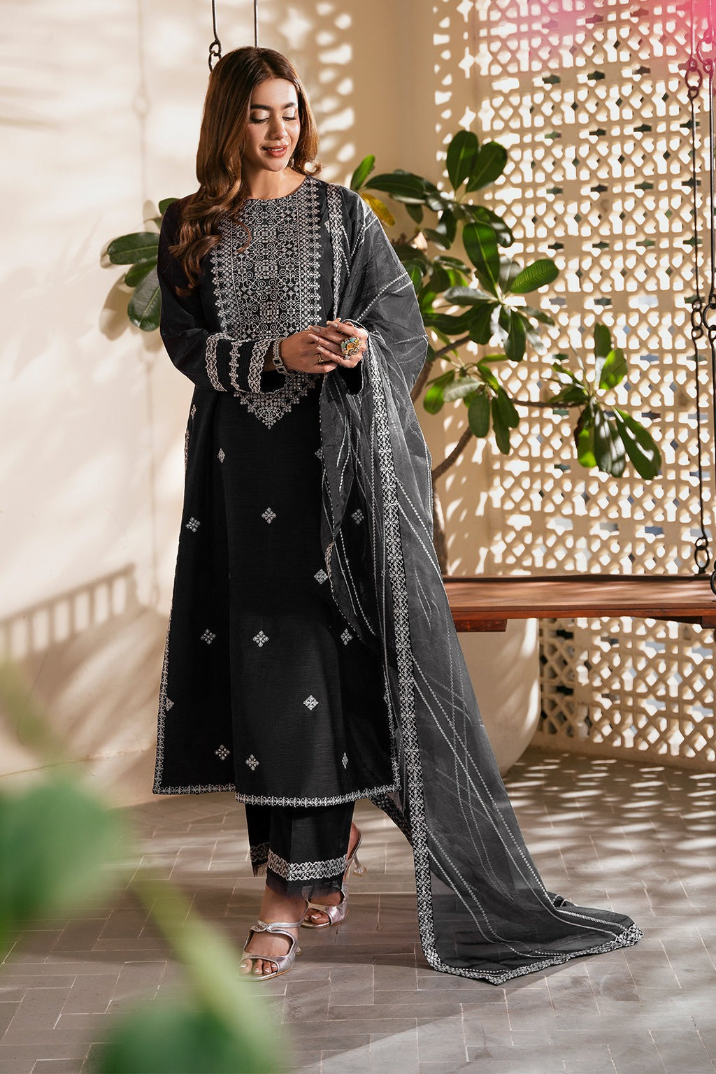 SHEENORA-3PC DHANAK EMBROIDERED SHIRT WITH CHIFFON EMBROIDERED DUPATTA AND TROUSER-DPC-63