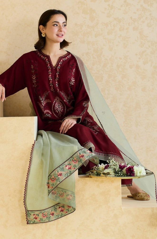 ZARA SHAHJAHAN-3PC DHANAK EMBROIDERED SHIRT WITH DHANAK EMBROIDERED SHAWL & DHANAK TROUSER-DPC-422