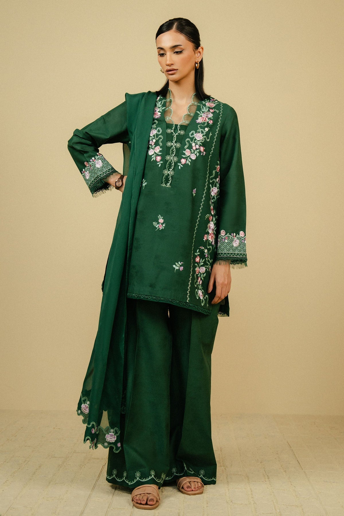 ZAHRA SHAHJAHAN-3PC DHANAK EMBROIDERED SHIRT WITH CHIFFON EMBROIDRED DUPATTA AND TROUSER-DPC-3267