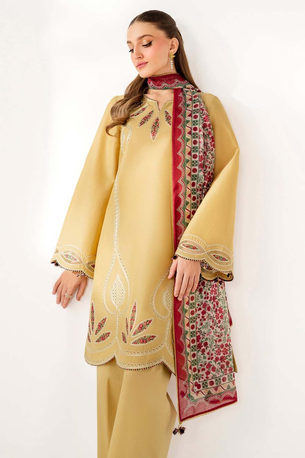 JAZMIN-3PC DHANAK EMBROIDERED SHIRT WITH DHANAK PRINTED SHAWL & TROUSER-DPC-34