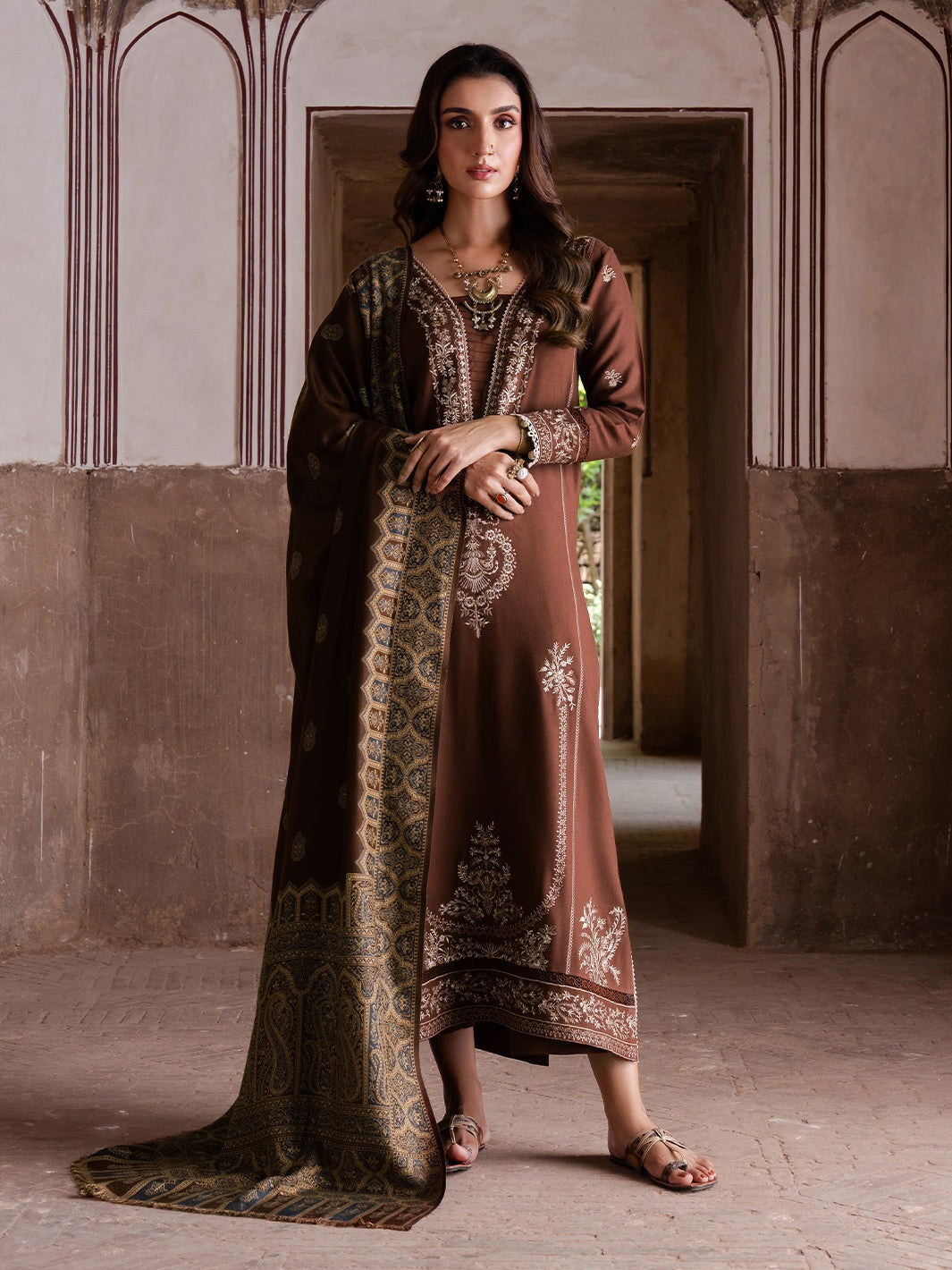 JAZMIN-3PC DHANAK EMBROIDERED SHIRT WITH COURTRAI PRINTED SHAWL & TROUSER-DPC-153