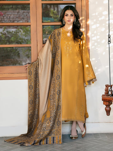 IZEL-3PC DHANAK EMBROIDERED SHIRT WITH COURTRAI PRINTED SHAWL & TROUSER-DPC-4372