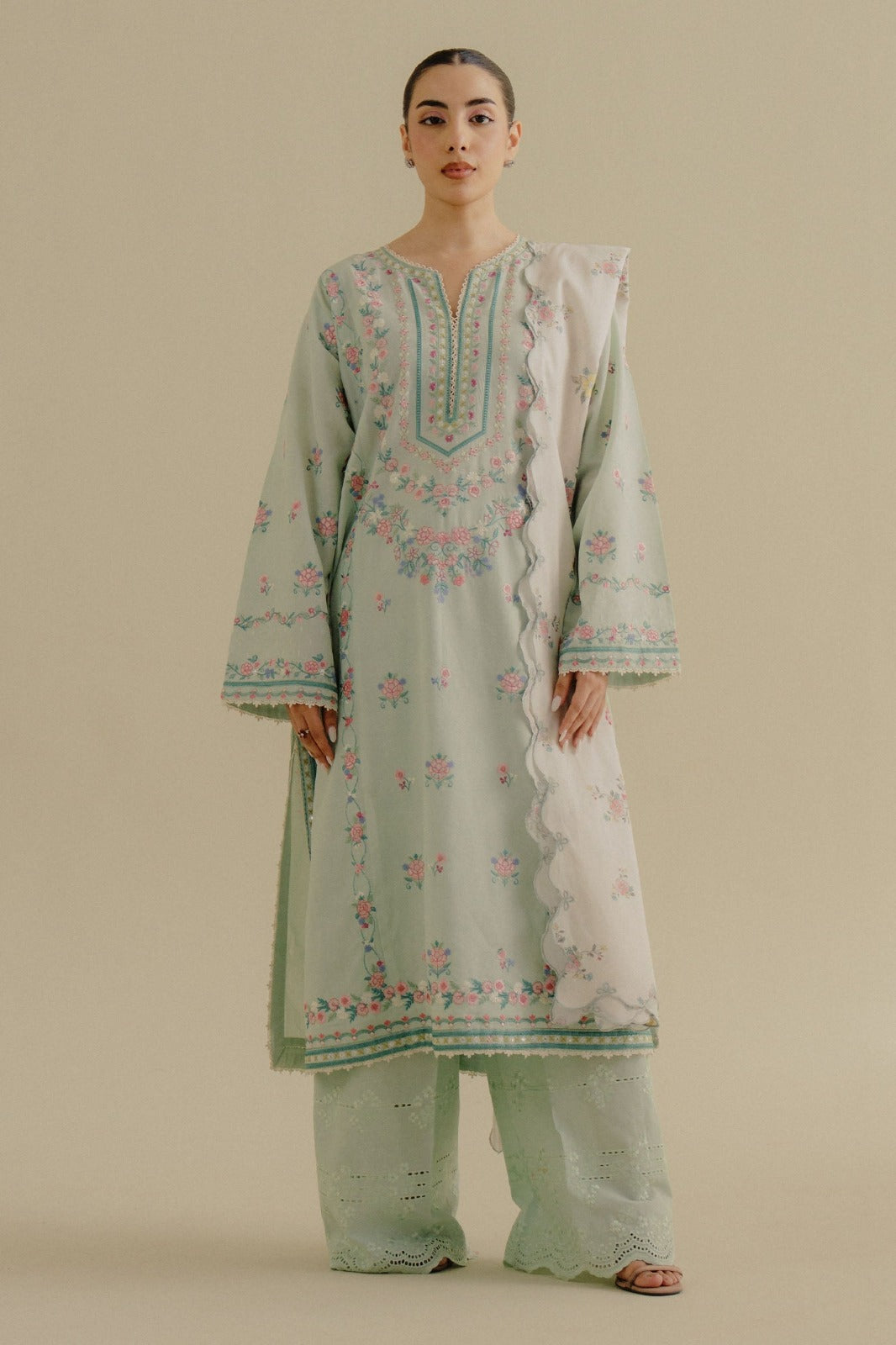 ZARA SHAHJAHAN- 3PC DHANAK EMBROIDERED SHIRT WITH WOOL PRINT SHAWL AND EMB TROUSER-DPC-145