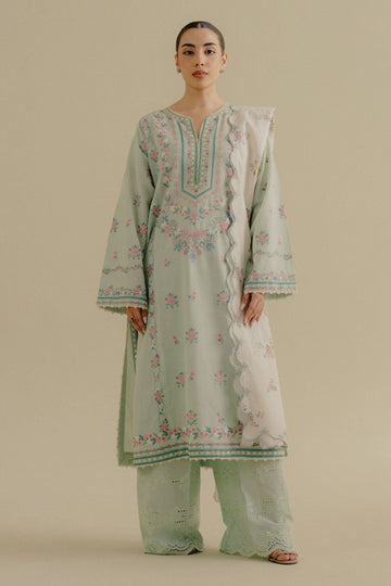 ZARA SHAHJAHAN- 3PC DHANAK EMBROIDERED SHIRT WITH WOOL PRINT SHAWL AND EMB TROUSER-DPC-145