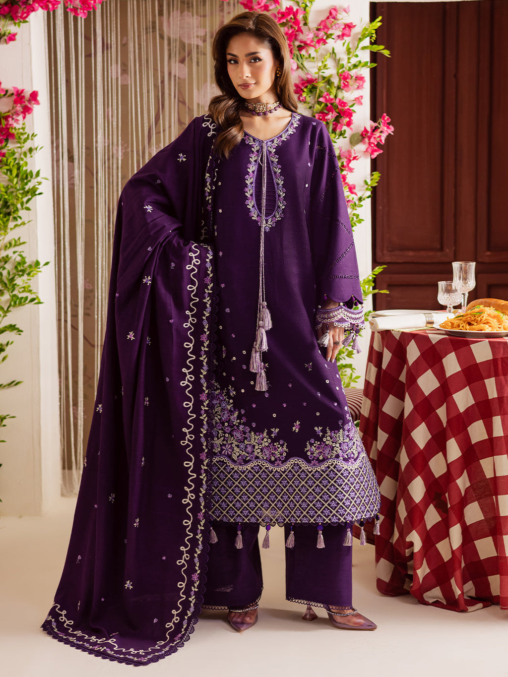 MAHNUR-3PC DHANAK EMBROIDERED SHIRT WITH DHANAK EMBROIDERED SHAWL & TROUSER-DPC-4328