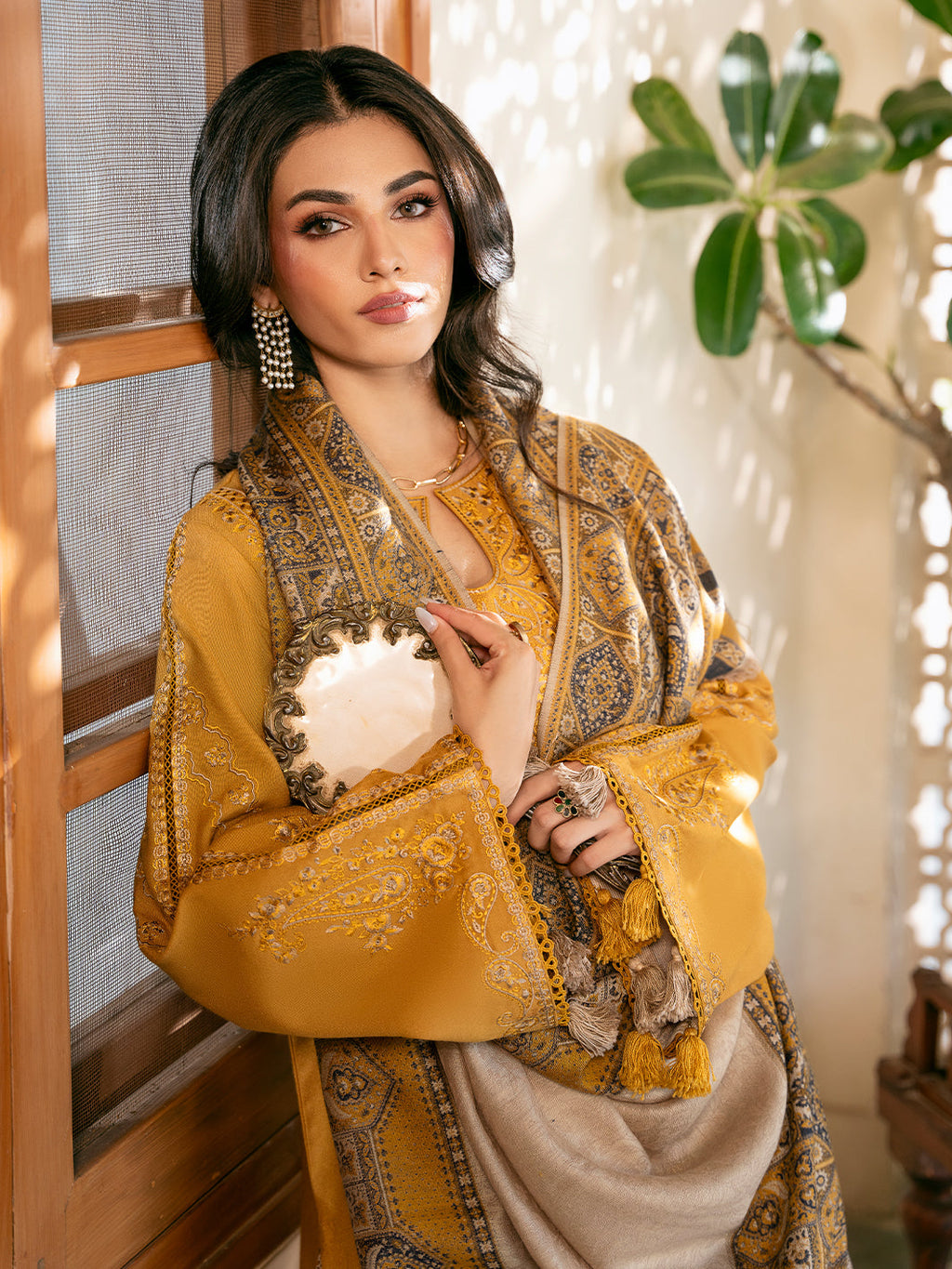 IZEL-3PC DHANAK EMBROIDERED SHIRT WITH COURTRAI PRINTED SHAWL & TROUSER-DPC-4372