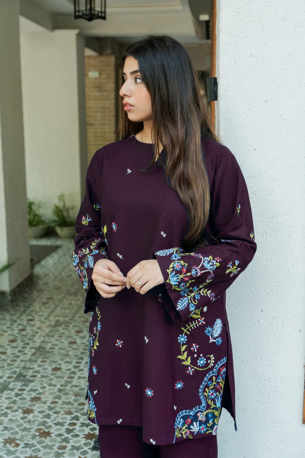 URGE-2PC DHANAK EMBROIDERED SHIRT WITH DHANAK EMBROIDERED TROUSER-DPC-